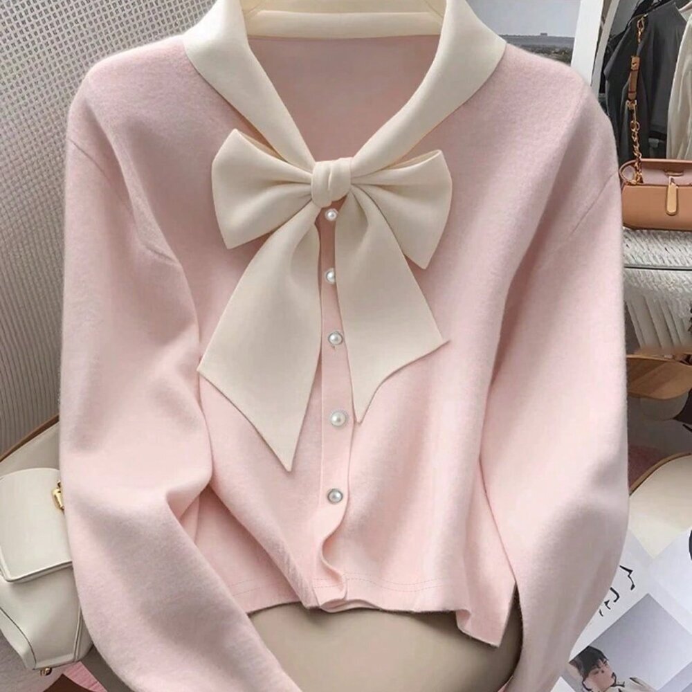 Pink Elegant Women's Color Blocking Knitted Long-Sleeved T-Shirt - Picture 5 of 5